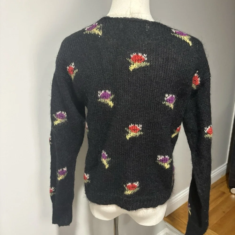 Vtg Cambridge Mohair Blend Floral Cardigan Sweater Sz PM Black Button Front
